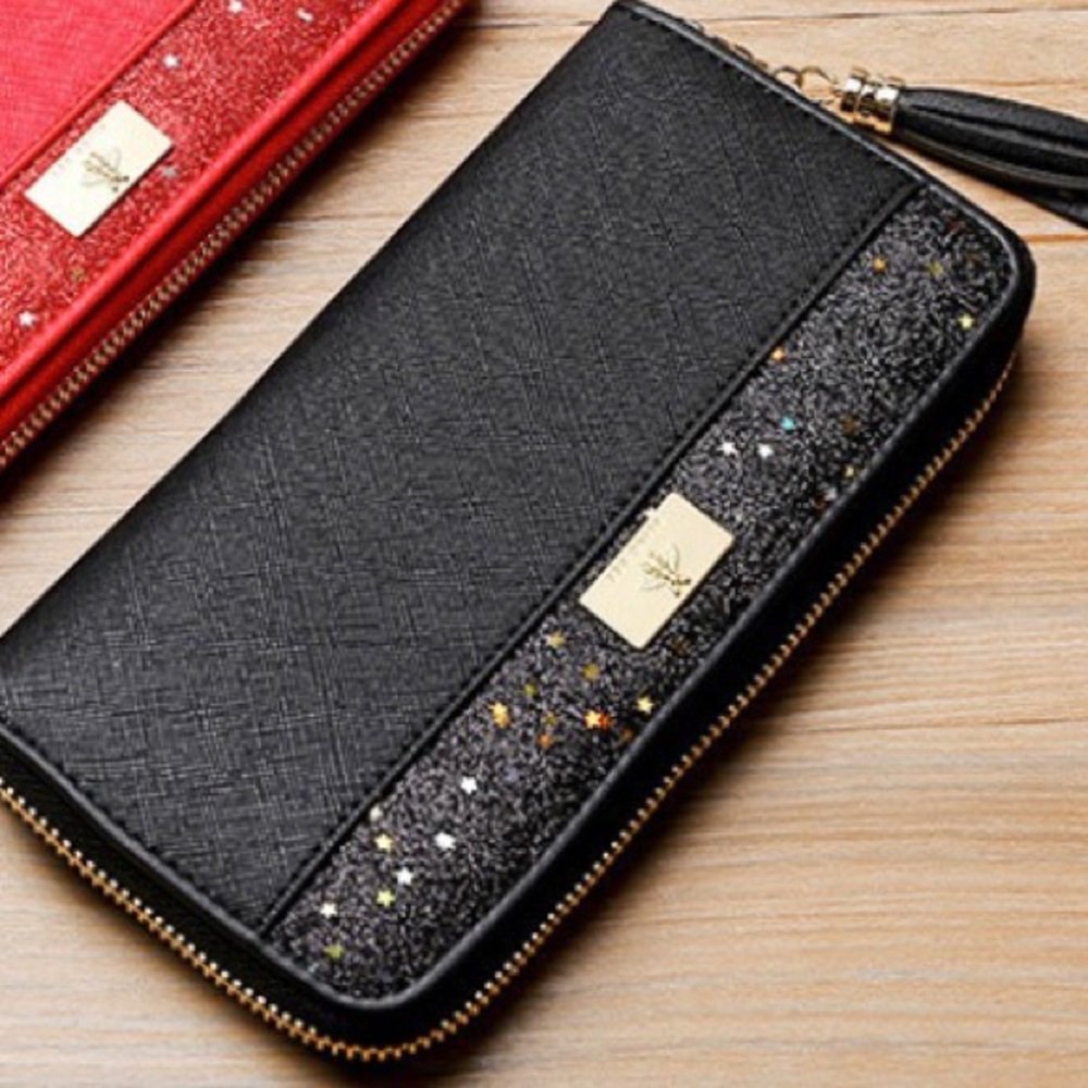 Black Vegan Leather Single Zip Bee Sparkle Wallet